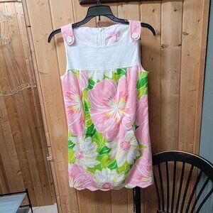 Lilly Pulitzer Pink and Green Floral Dress with Scalloped Neckline - Size 2